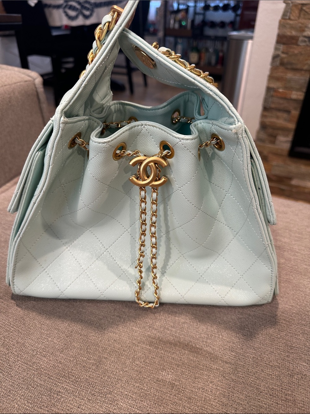 Light green Quilted Drawstring Shoulder Bag with Gold Hardware